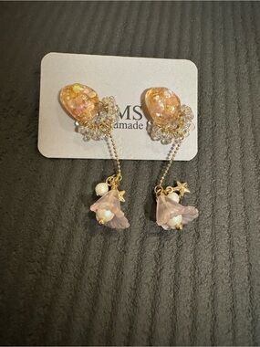 Handmade Pink Floral Drop Earrings with Gold Chains